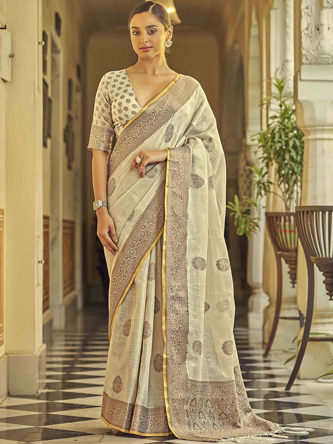 

Stylefables Ethnic Motifs Woven Design Pure Linen Saree, Cream