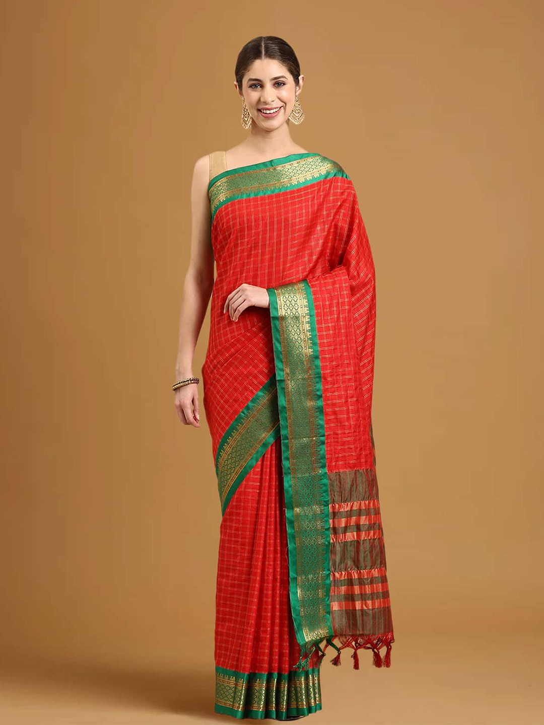 

Stylefables Checked Woven Design Silk Blend Banarasi Saree, Red