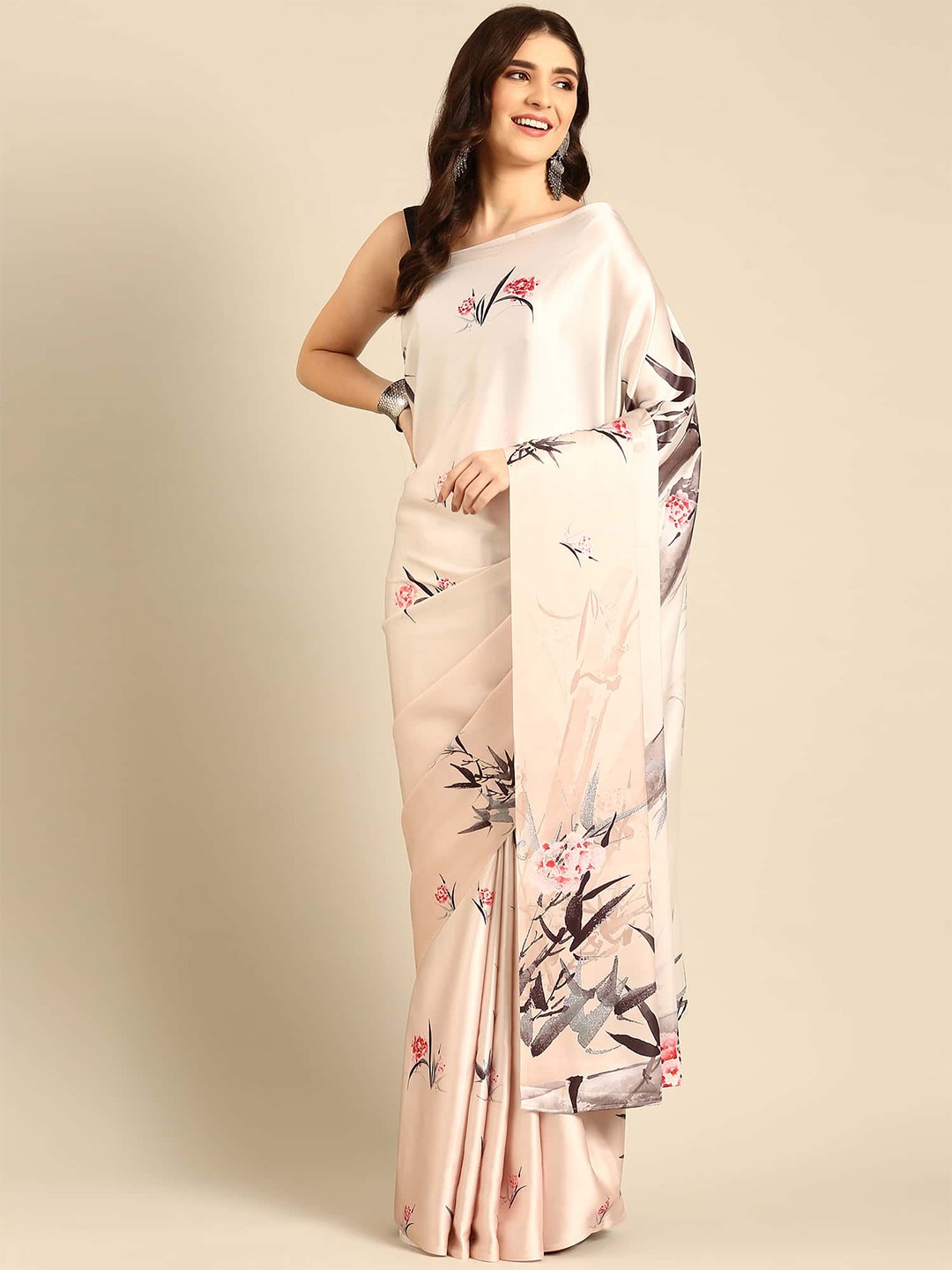 

Stylefables Floral Printed Satin Saree, Beige