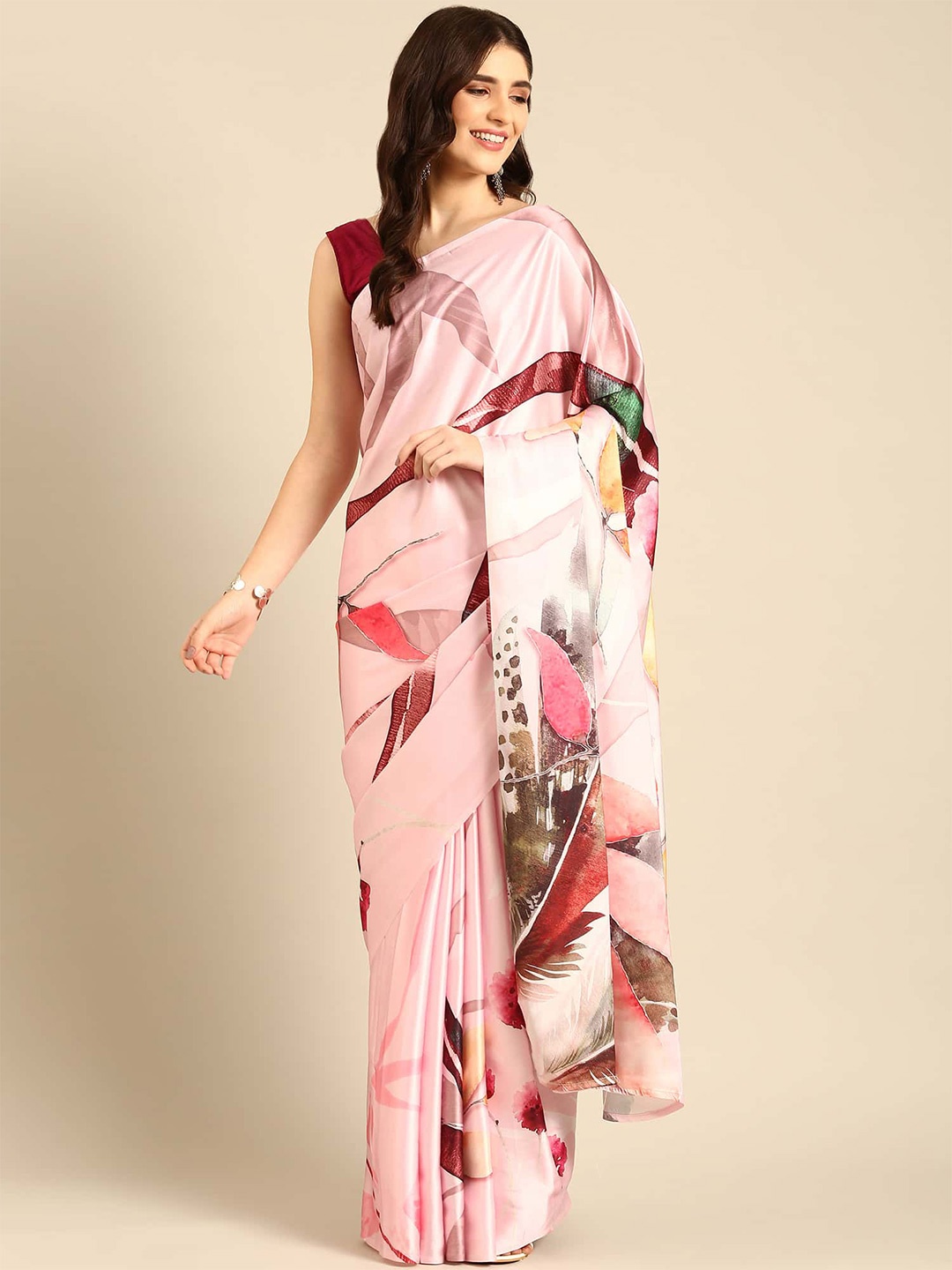 

Stylefables Abstract Printed Satin Saree, Pink