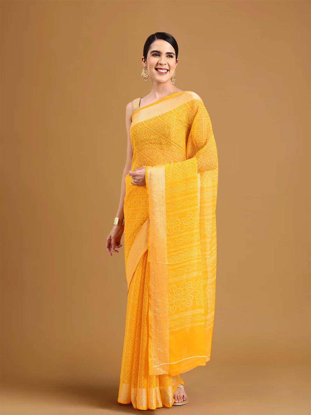 

Stylefables Bandhani Printed Poly Chiffon Saree, Yellow