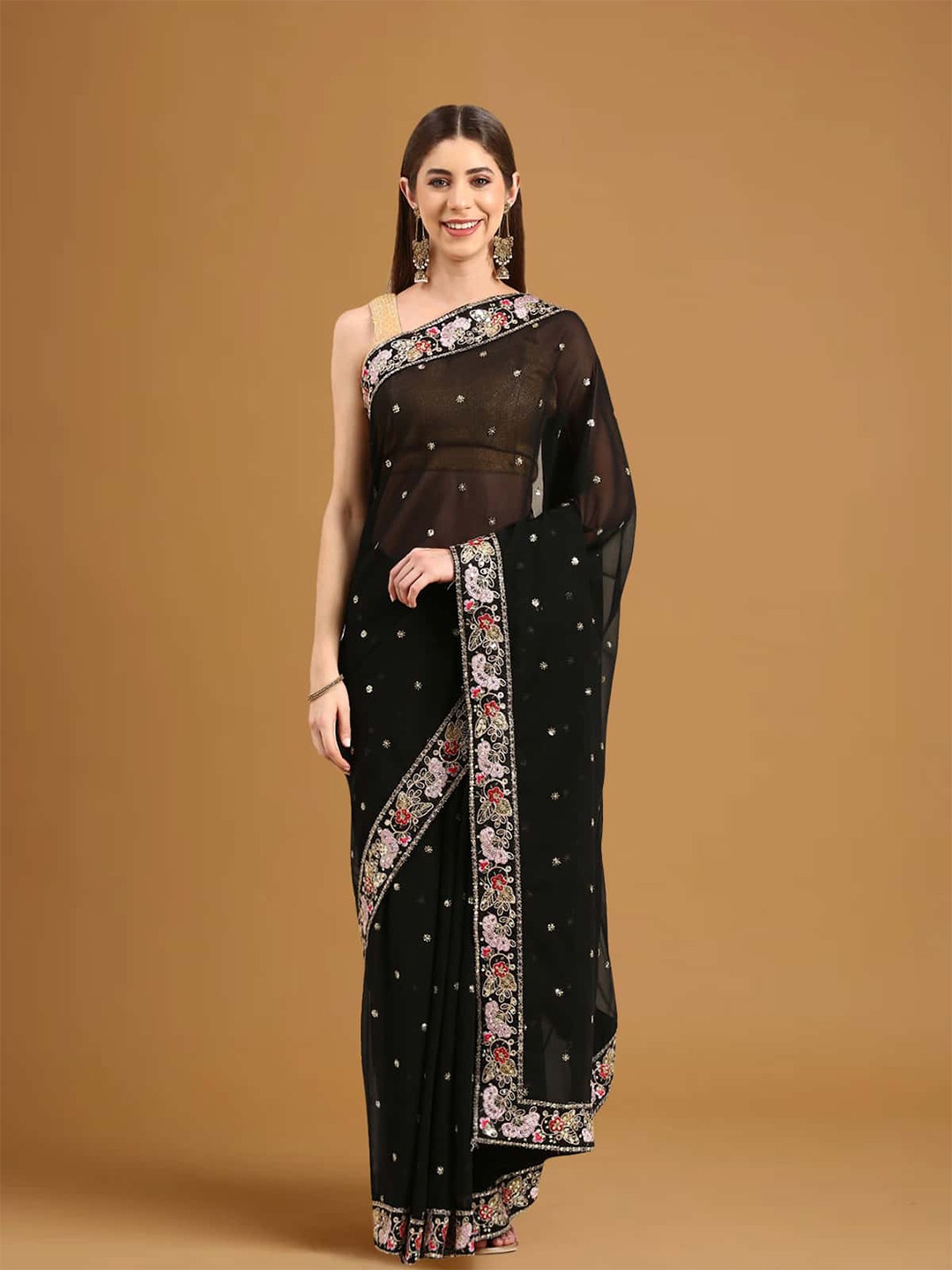

Stylefables Floral Embroidered Poly Georgette Saree, Black