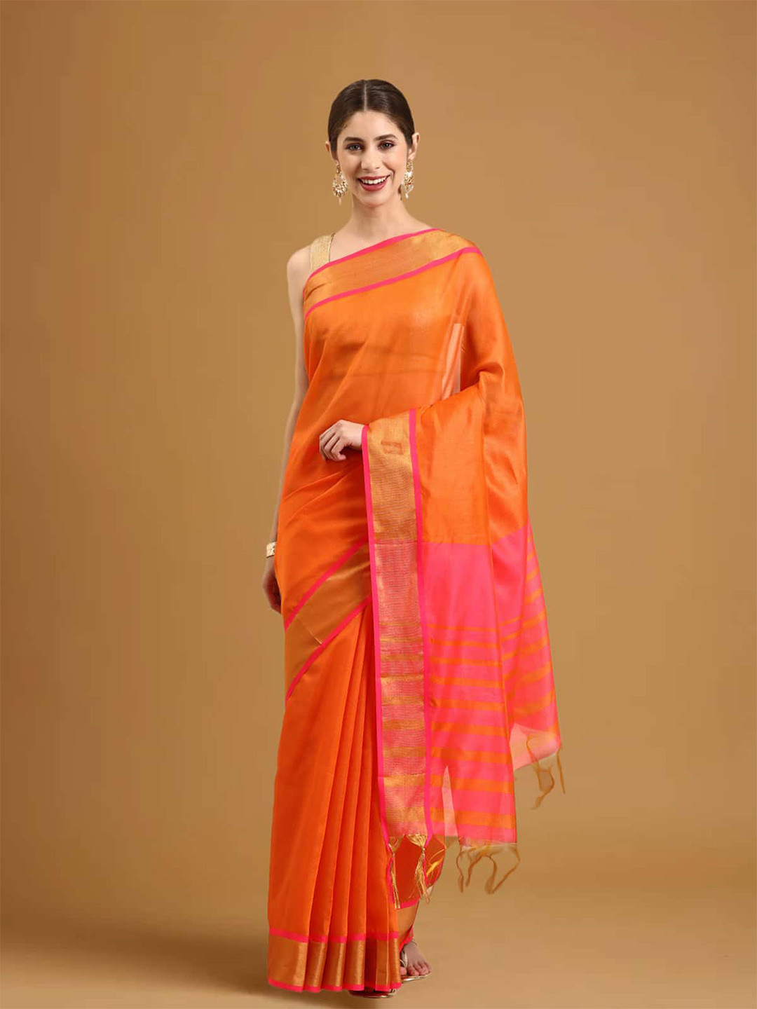 

Stylefables Solid Zari Saree, Orange
