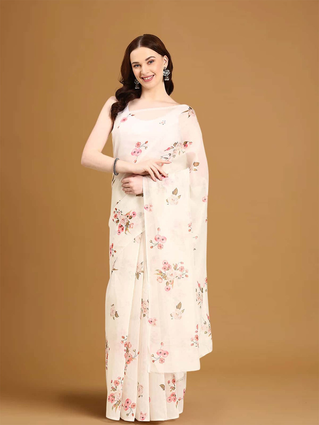 

Stylefables Floral Printed Pure Cotton Saree, Cream