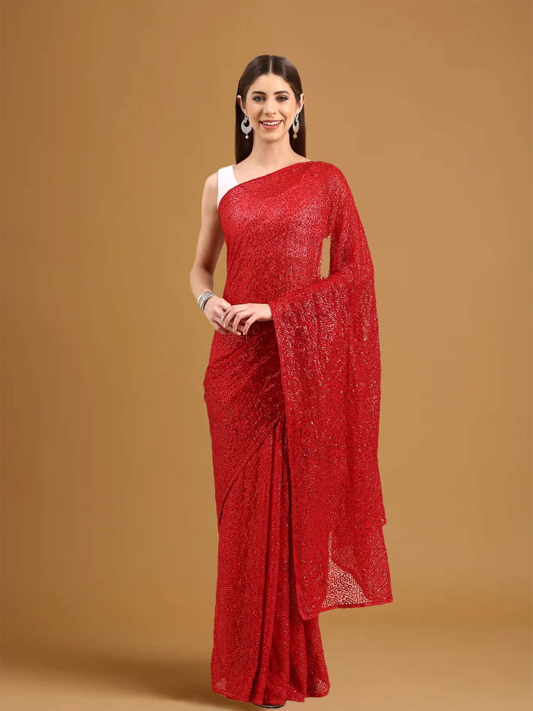 

Stylefables Sequinned Embellished Party Saree, Red