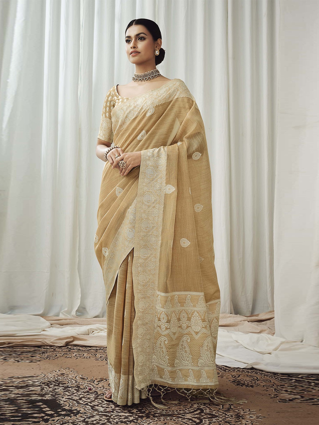 

Stylefables Ethnic Motifs Woven Design Pure Linen Saree, Beige