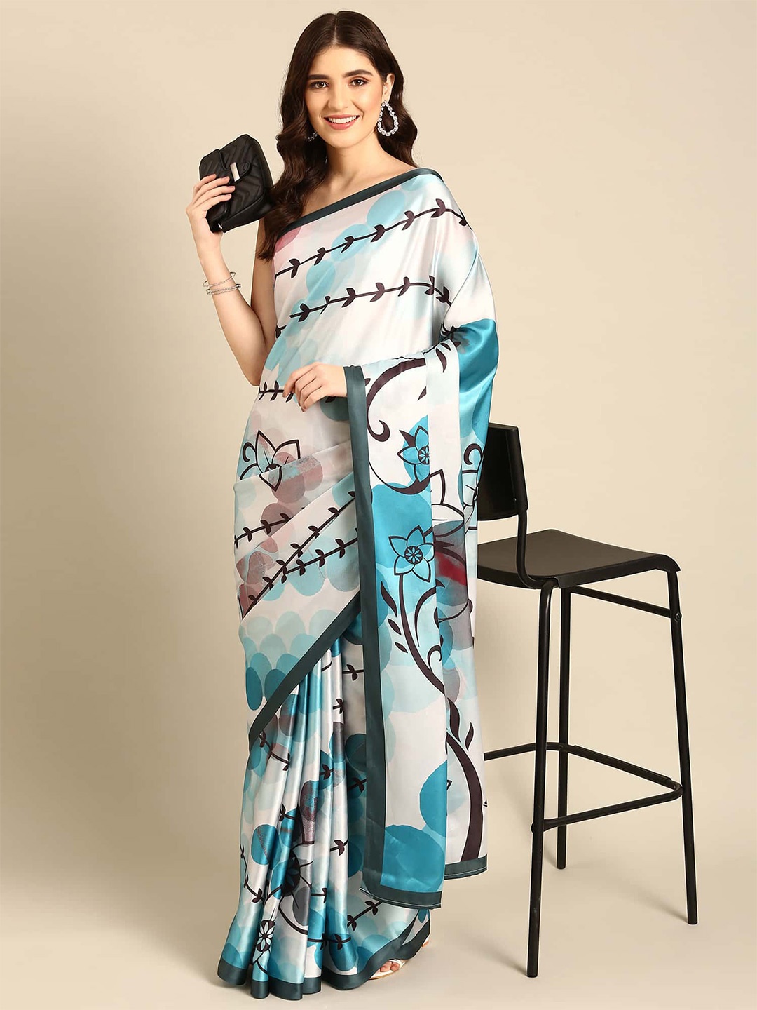 

Stylefables Floral Printed Satin Saree, Blue