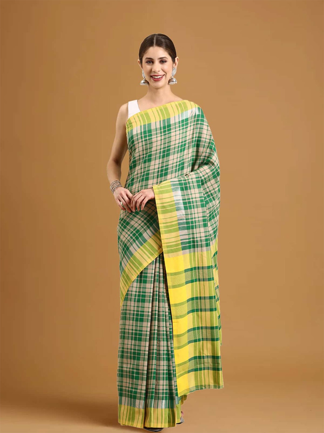 

Stylefables Checked Pure Cotton Saree, Green