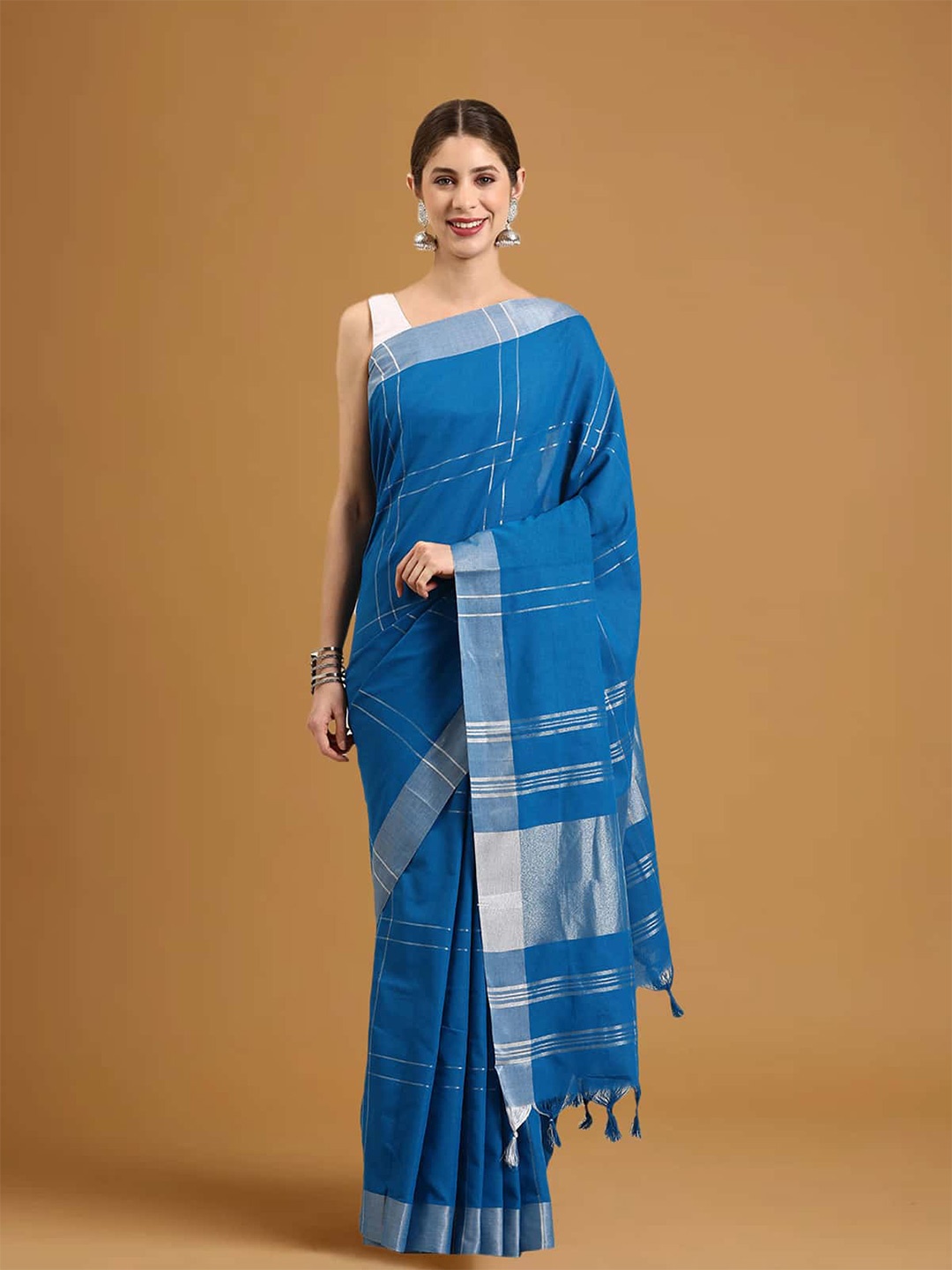 

Stylefables Checked Zari Pure Cotton Saree, Blue