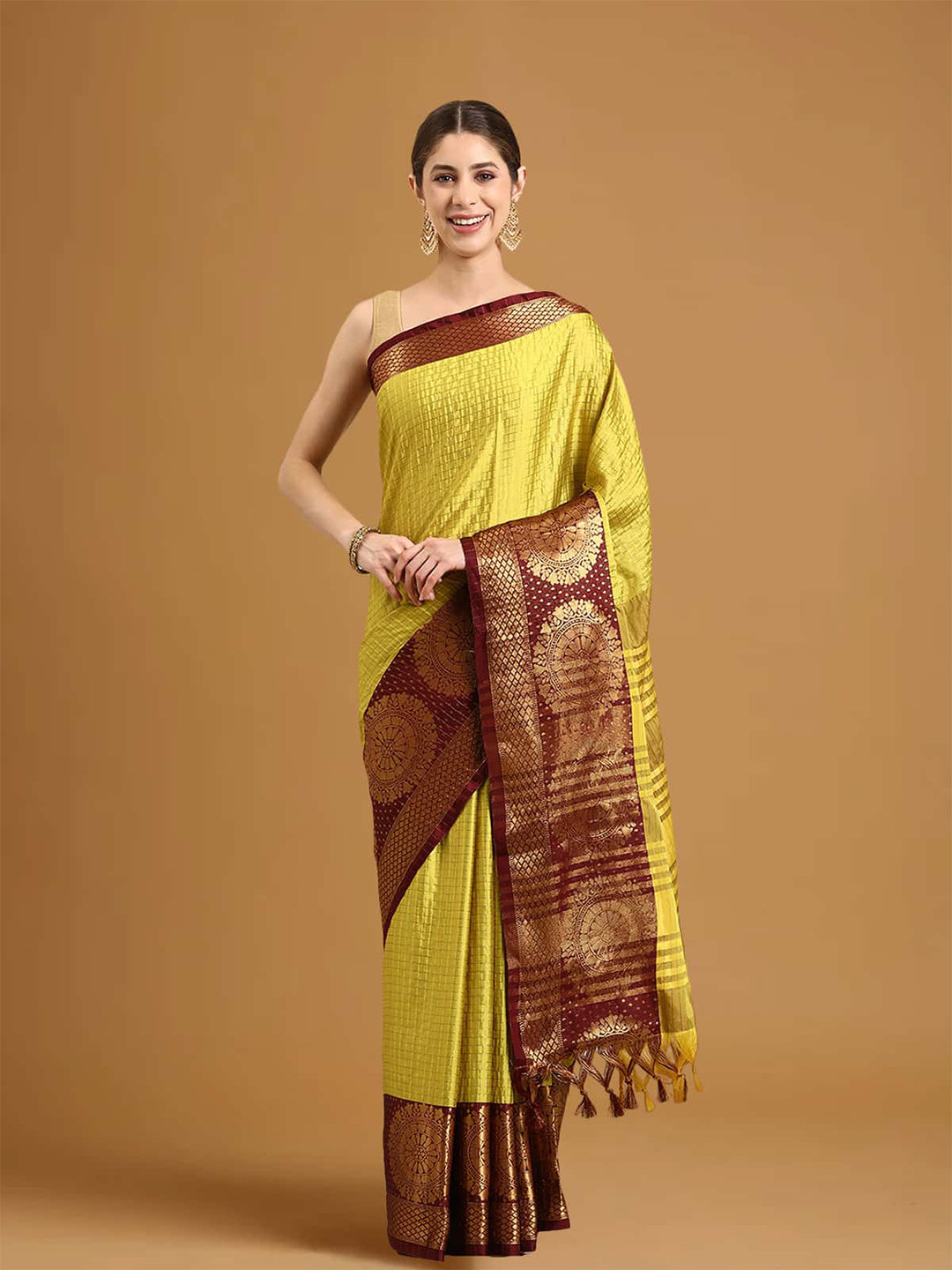 

Stylefables Ethnic Motifs Woven Design Zari Silk Blend Kanjeevaram Saree, Yellow