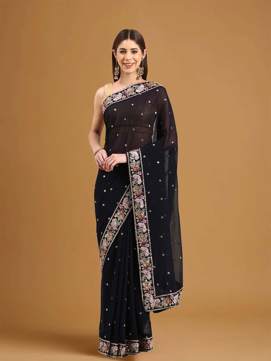 

Stylefables Floral Embroidered Poly Georgette Saree, Blue