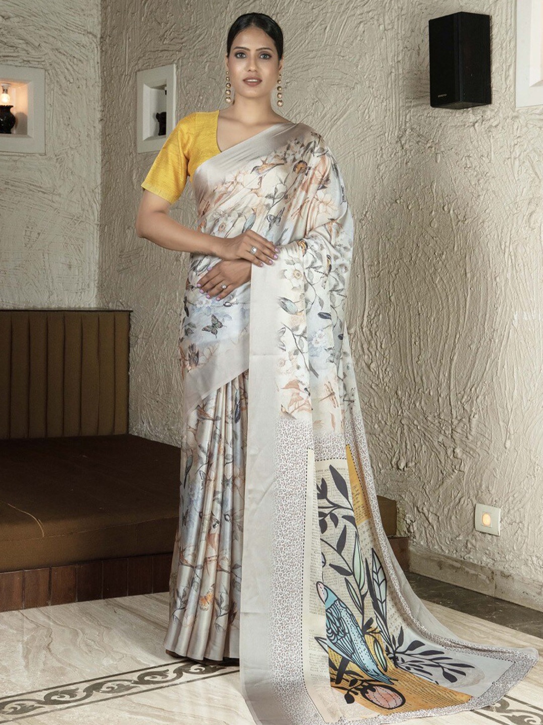 

Stylefables Floral Printed Satin Saree, Beige
