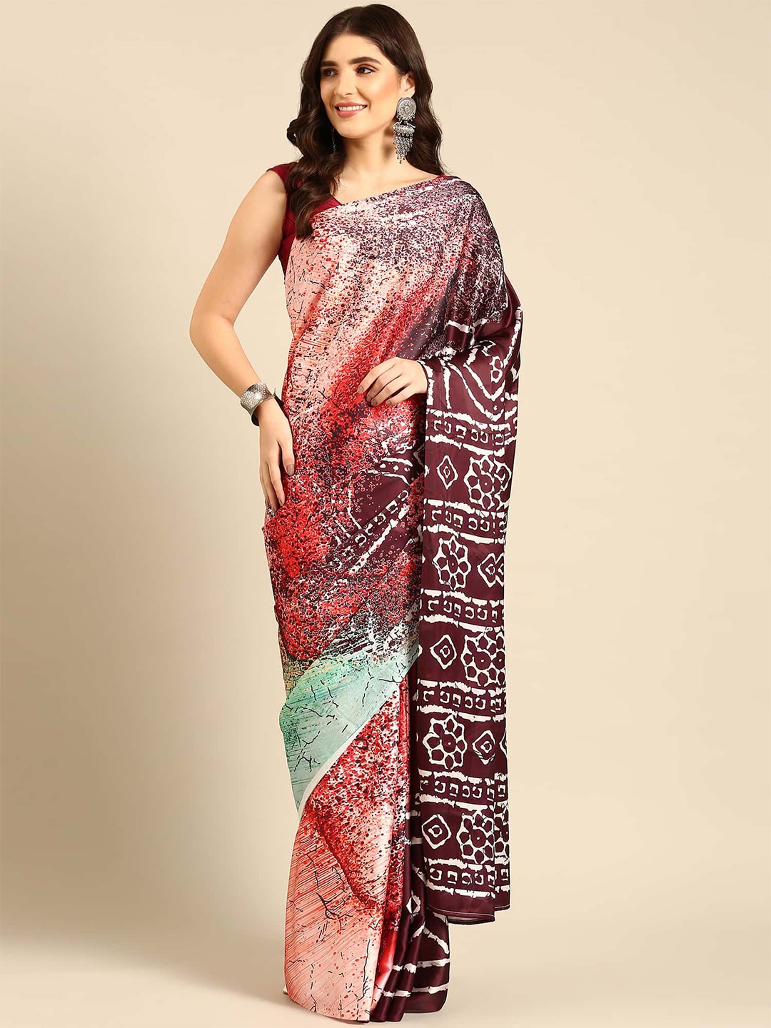 

Stylefables Fusion Feast Abstract Printed Satin Saree, Brown