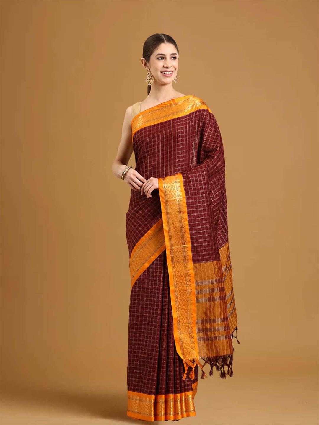 

Stylefables Checked Zari Silk Blend Saree, Maroon
