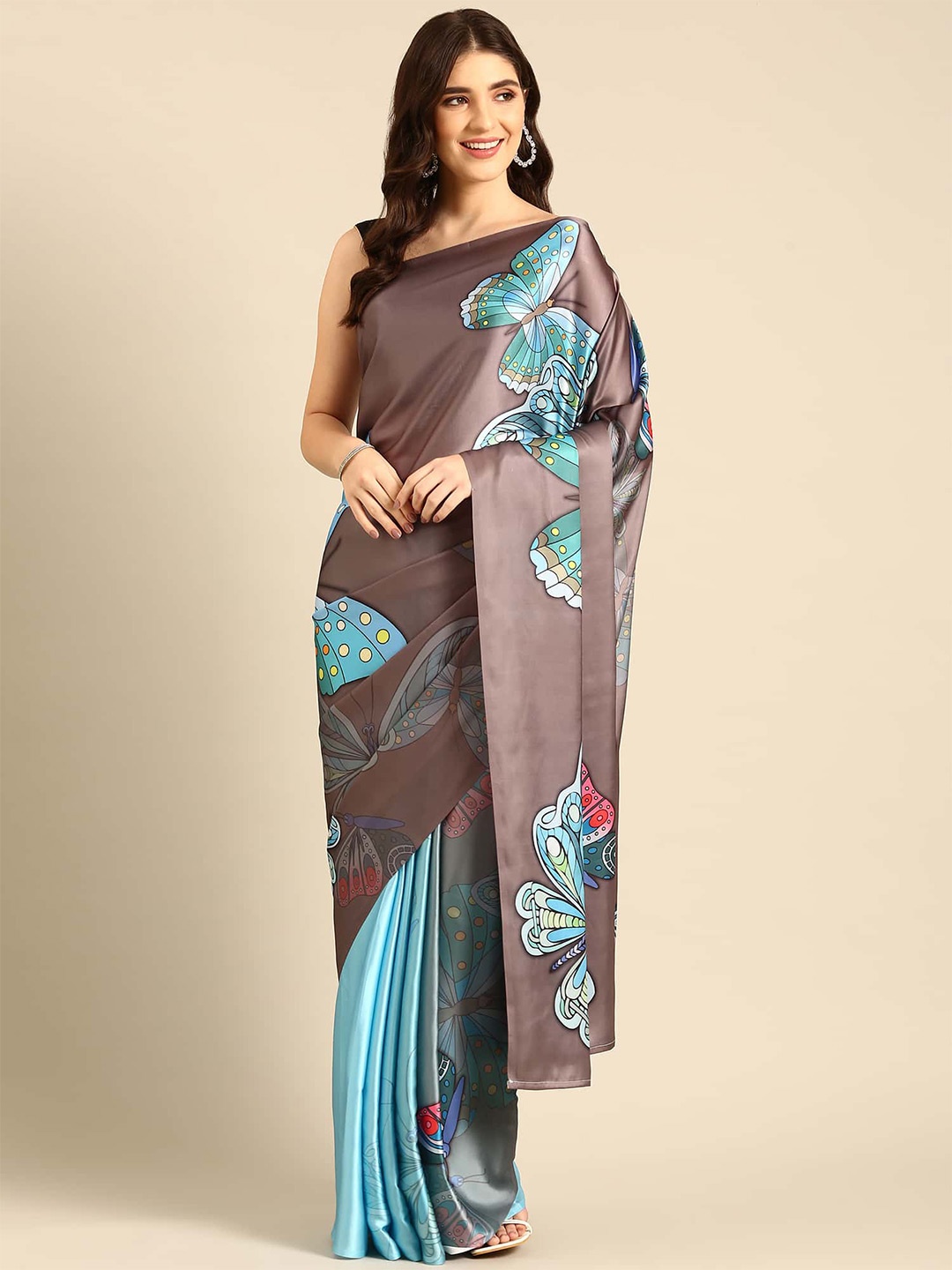 

Stylefables Ethnic Motifs Printed Satin Saree, Grey