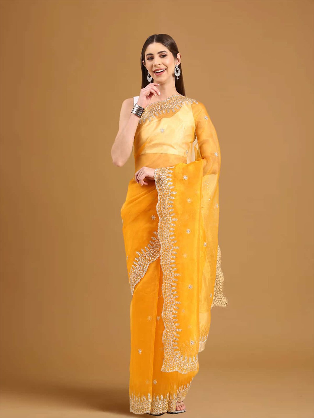 

Stylefables Zui Floral Embroidered Sequinned Saree, Mustard