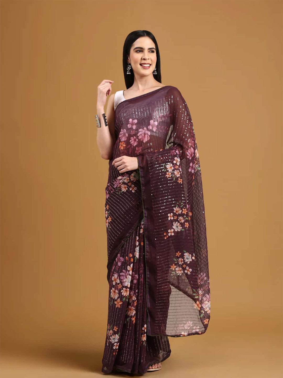 

Stylefables Floral Printed Sequinned Saree, Mauve