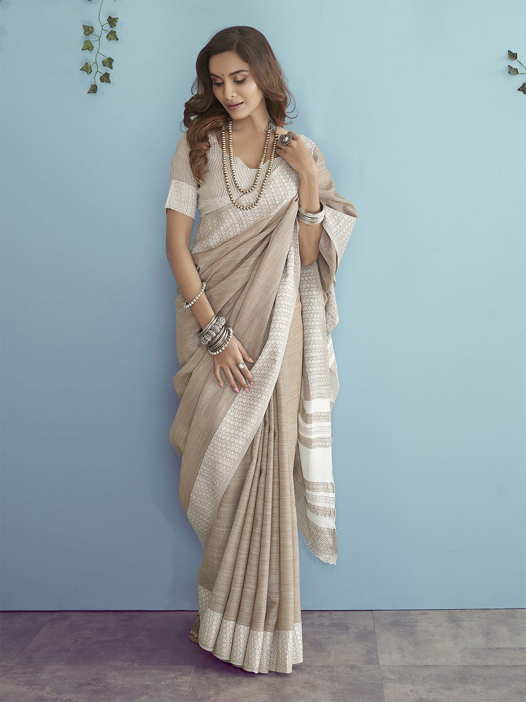 

Stylefables Woven Design Pure Linen Saree, Taupe