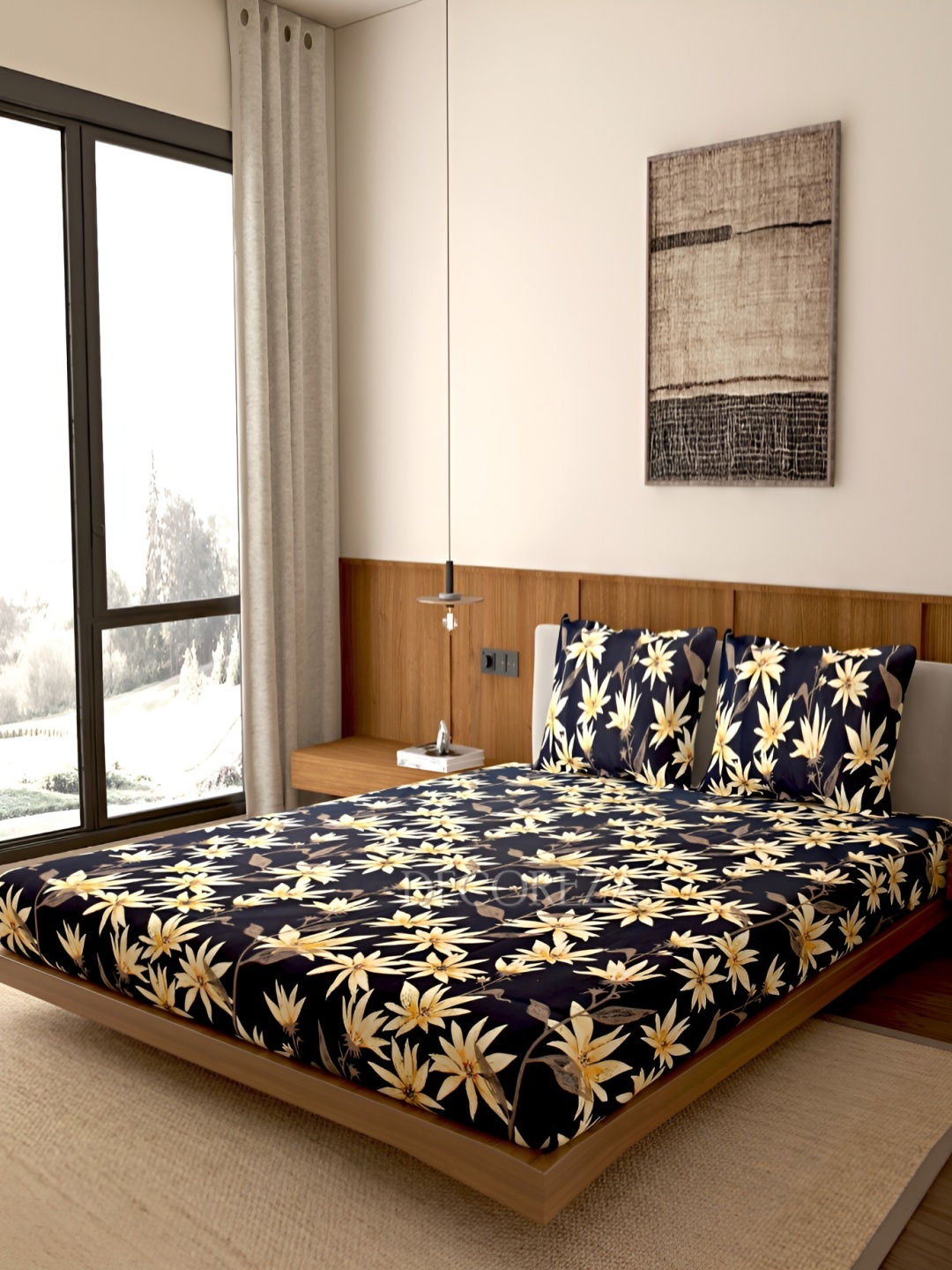 

DECOREZA Black & Yellow Floral 260 TC Queen Bedsheet with 2 Pillow Covers