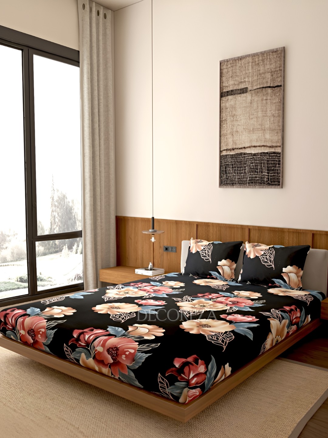 

DECOREZA Black & Red Floral 260 TC Queen Bedsheet with 2 Pillow Covers