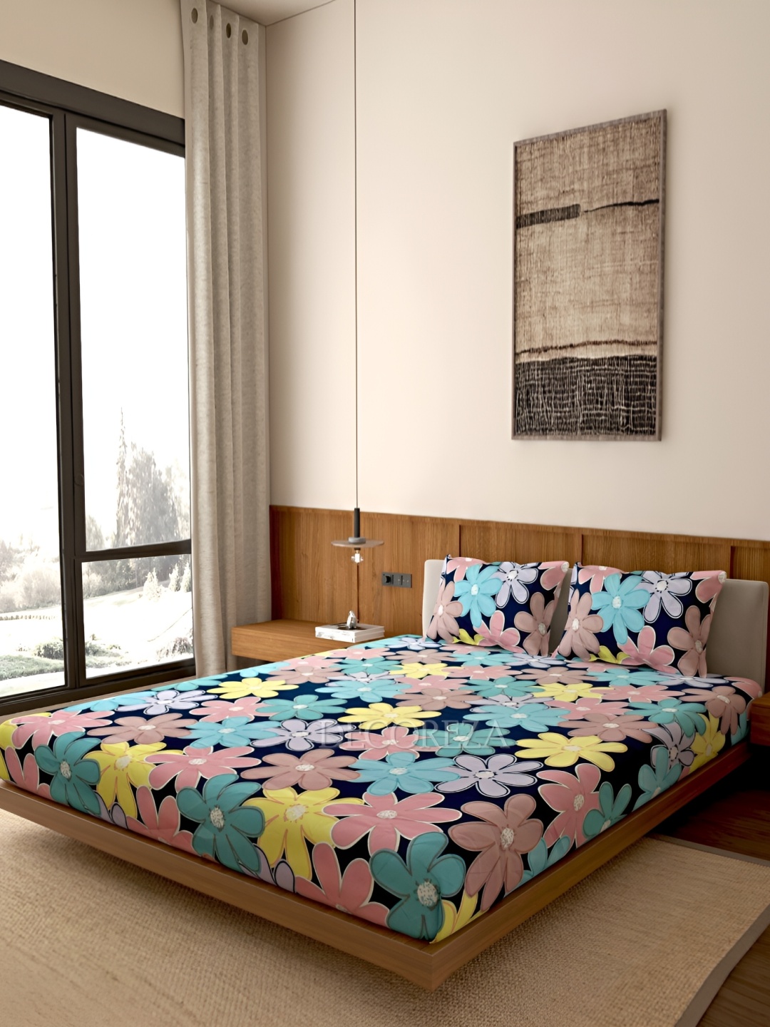 

DECOREZA Navy blue & Pink Floral 260 TC Queen Bedsheet with 2 Pillow Covers