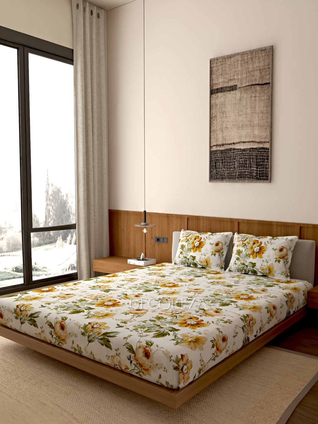 

DECOREZA White & Yellow Floral 260 TC Queen Bedsheet with 2 Pillow Covers