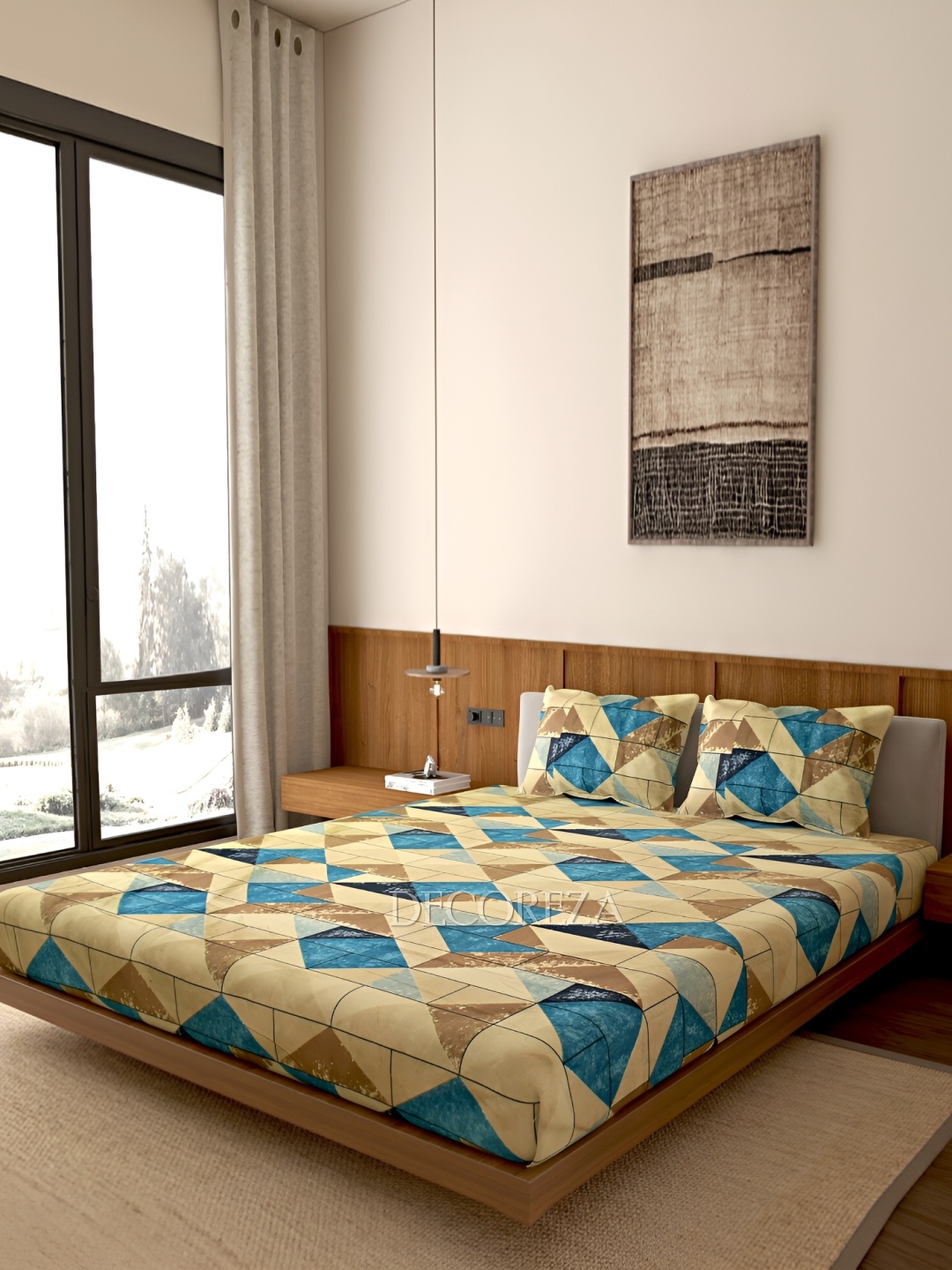 

DECOREZA Brown & Blue 260 TC Queen Bedsheet with 2 Pillow Covers, Camel brown