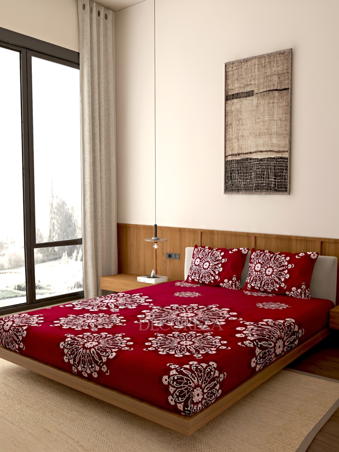 

DECOREZA Maroon & White Floral 260 TC Queen Bedsheet with 2 Pillow Covers