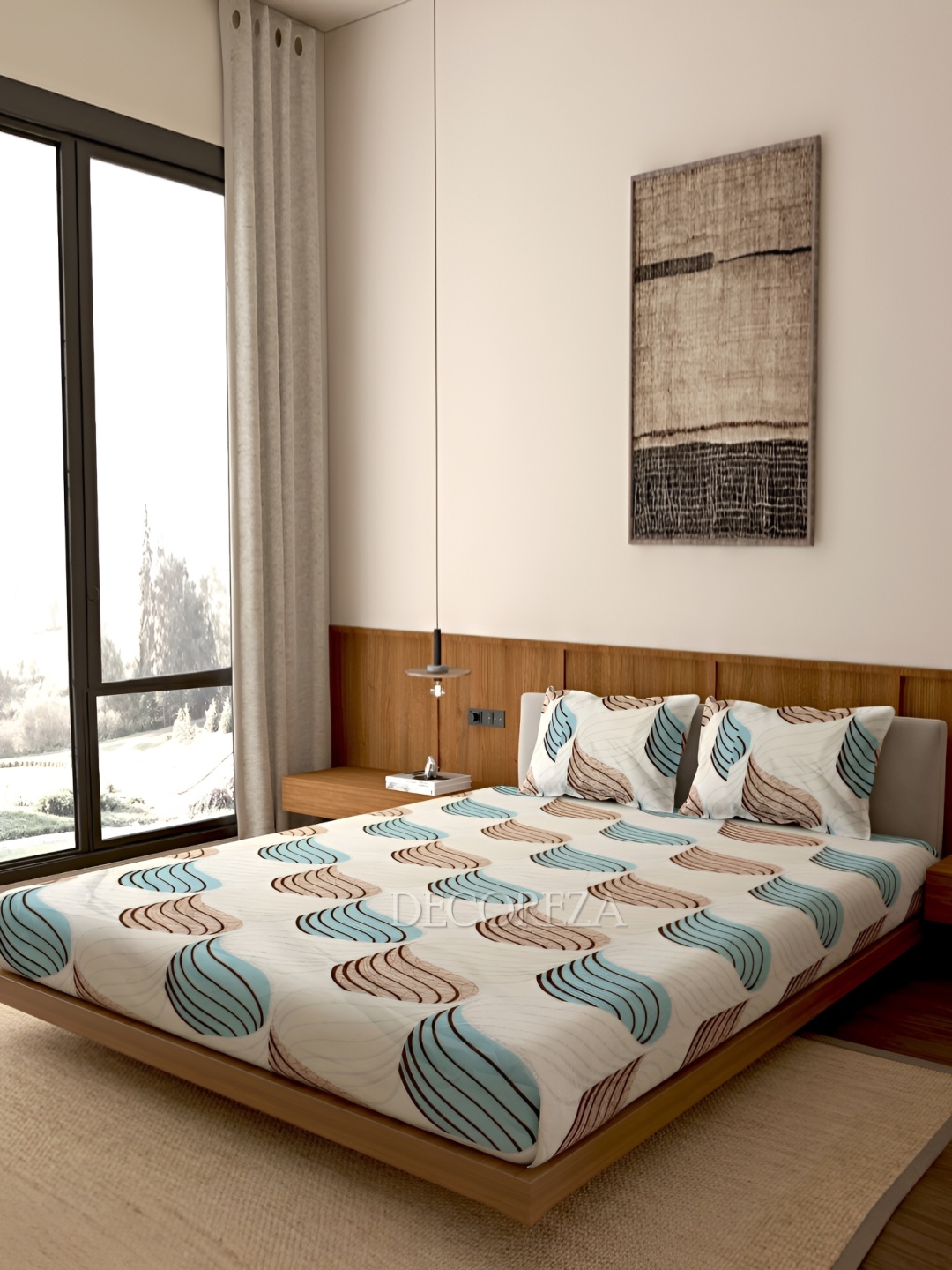 

DECOREZA Beige & Blue Abstract 260 TC Queen Bedsheet with 2 Pillow Covers