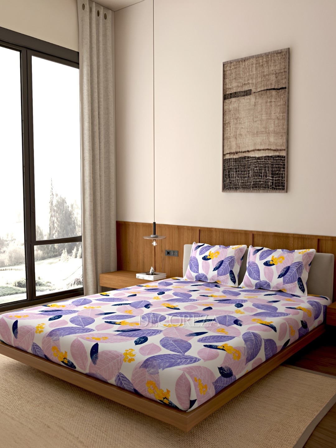 

DECOREZA White & Purple Floral 260 TC Queen Bedsheet with 2 Pillow Covers
