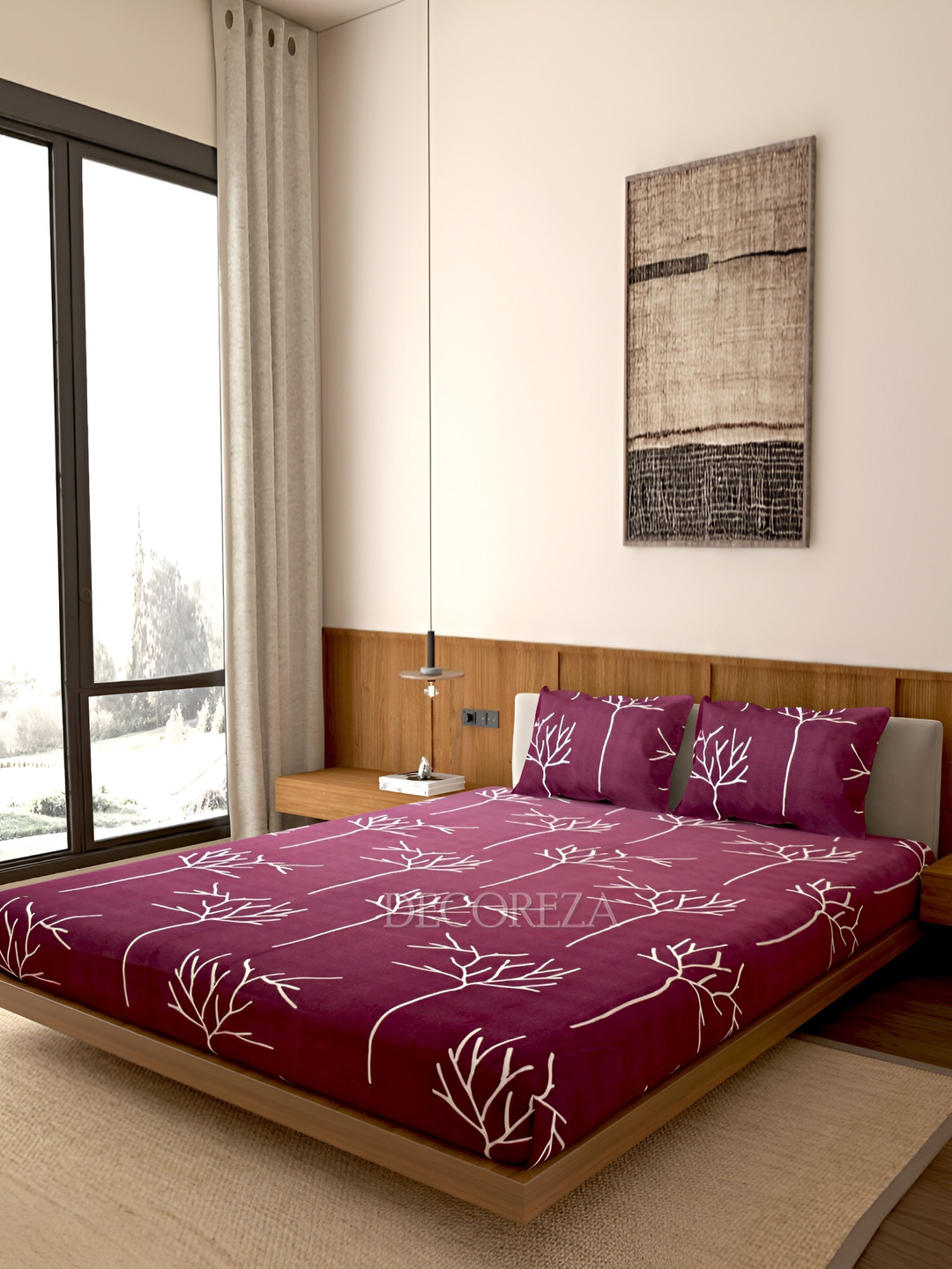 

DECOREZA Maroon & White Floral 260 TC Queen Bedsheet with 2 Pillow Covers