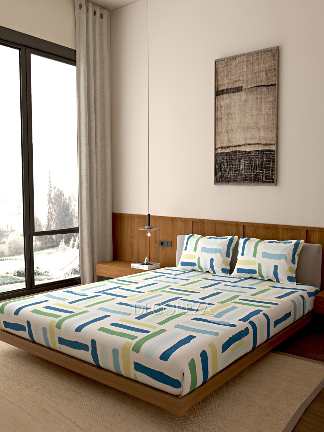 

DECOREZA White & Blue Graphic 260 TC Queen Bedsheet with 2 Pillow Covers
