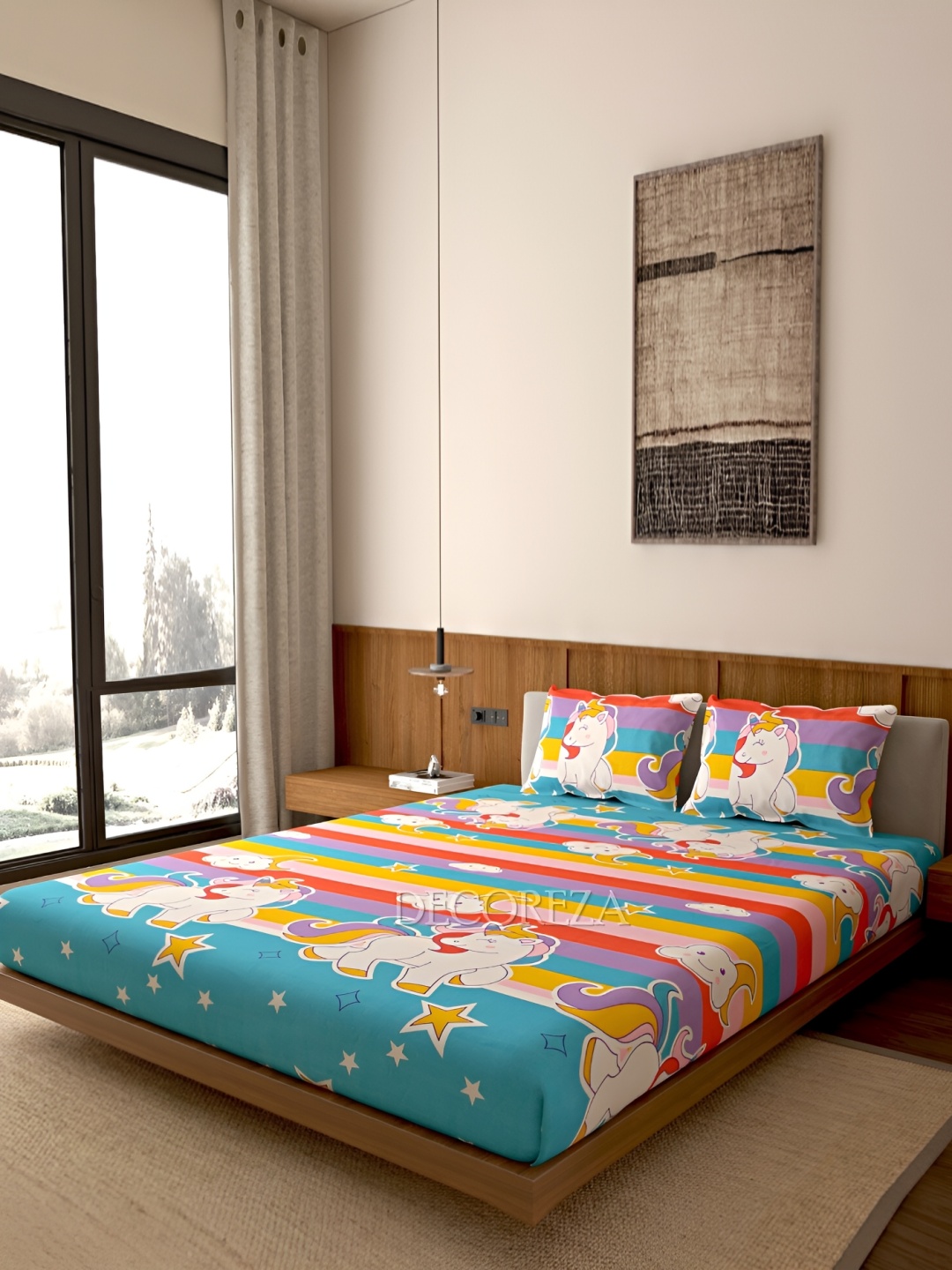 

DECOREZA Blue & Yellow Unicorn Print 260 TC Queen Bedsheet with 2 Pillow Covers