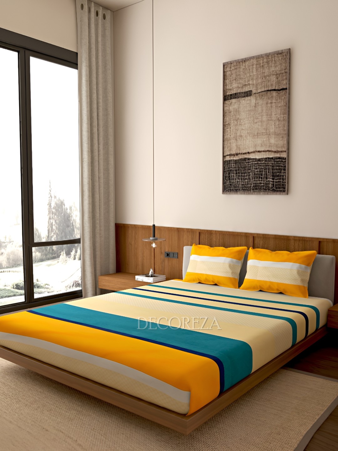 

DECOREZA Yellow Striped 260 TC Queen Bedsheet with 2 Pillow Covers