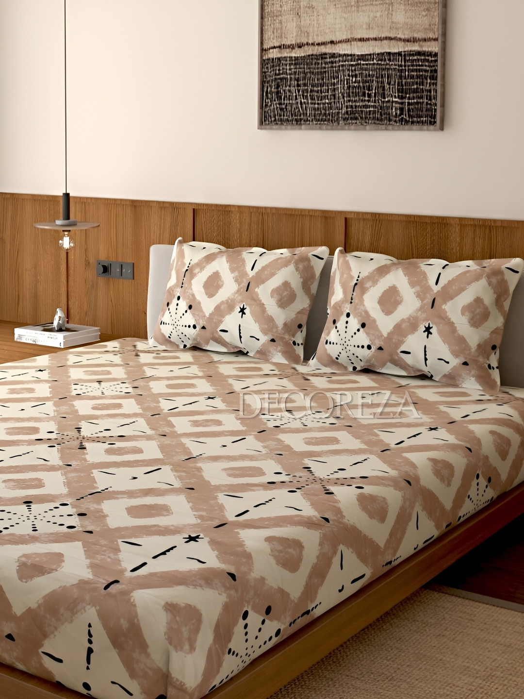 

DECOREZA Beige & Mauve Geometric 260 TC Queen Bedsheet with 2 Pillow Covers