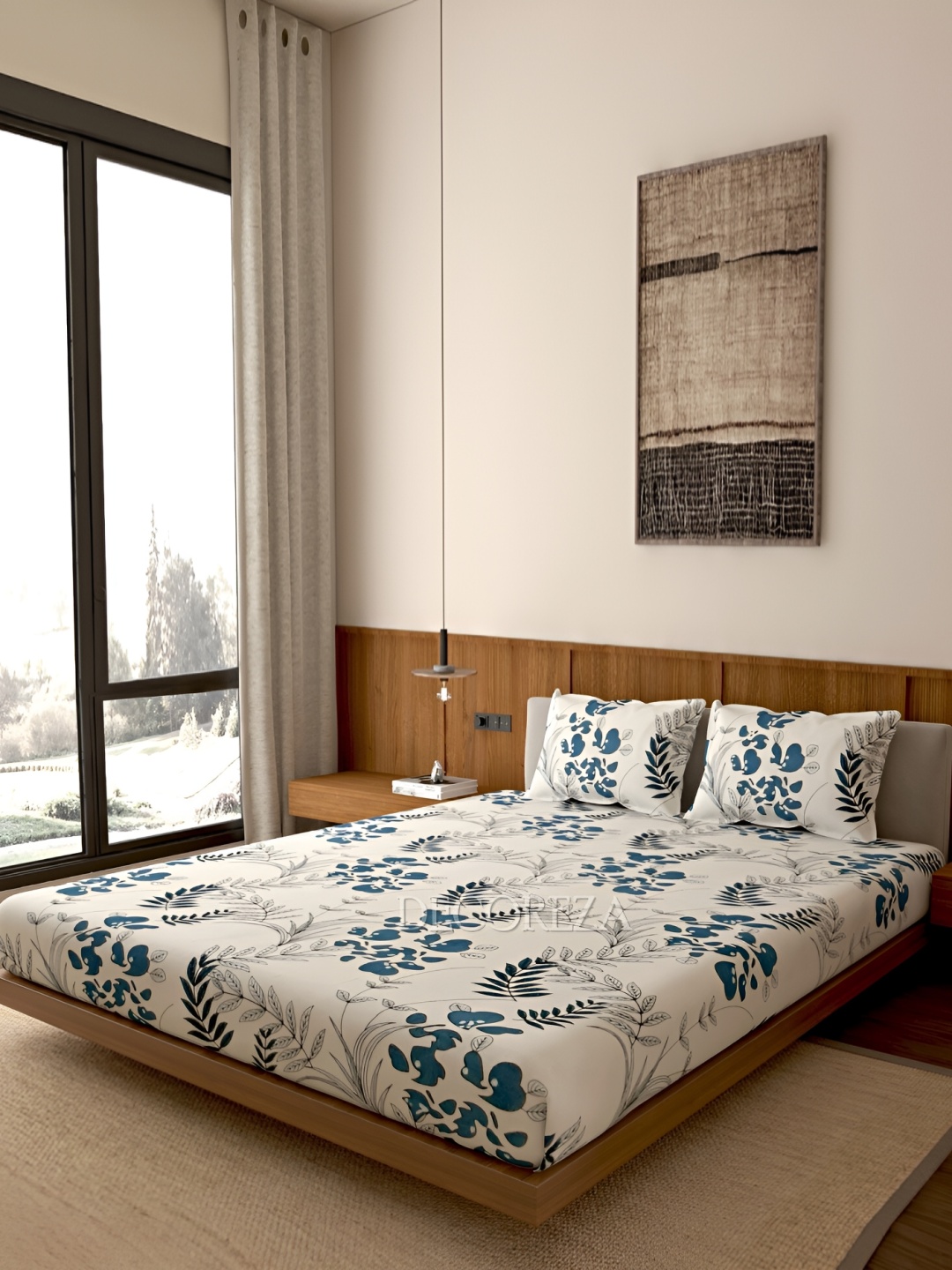 

DECOREZA Beige & Blue Floral 260 TC Queen Bedsheet with 2 Pillow Covers