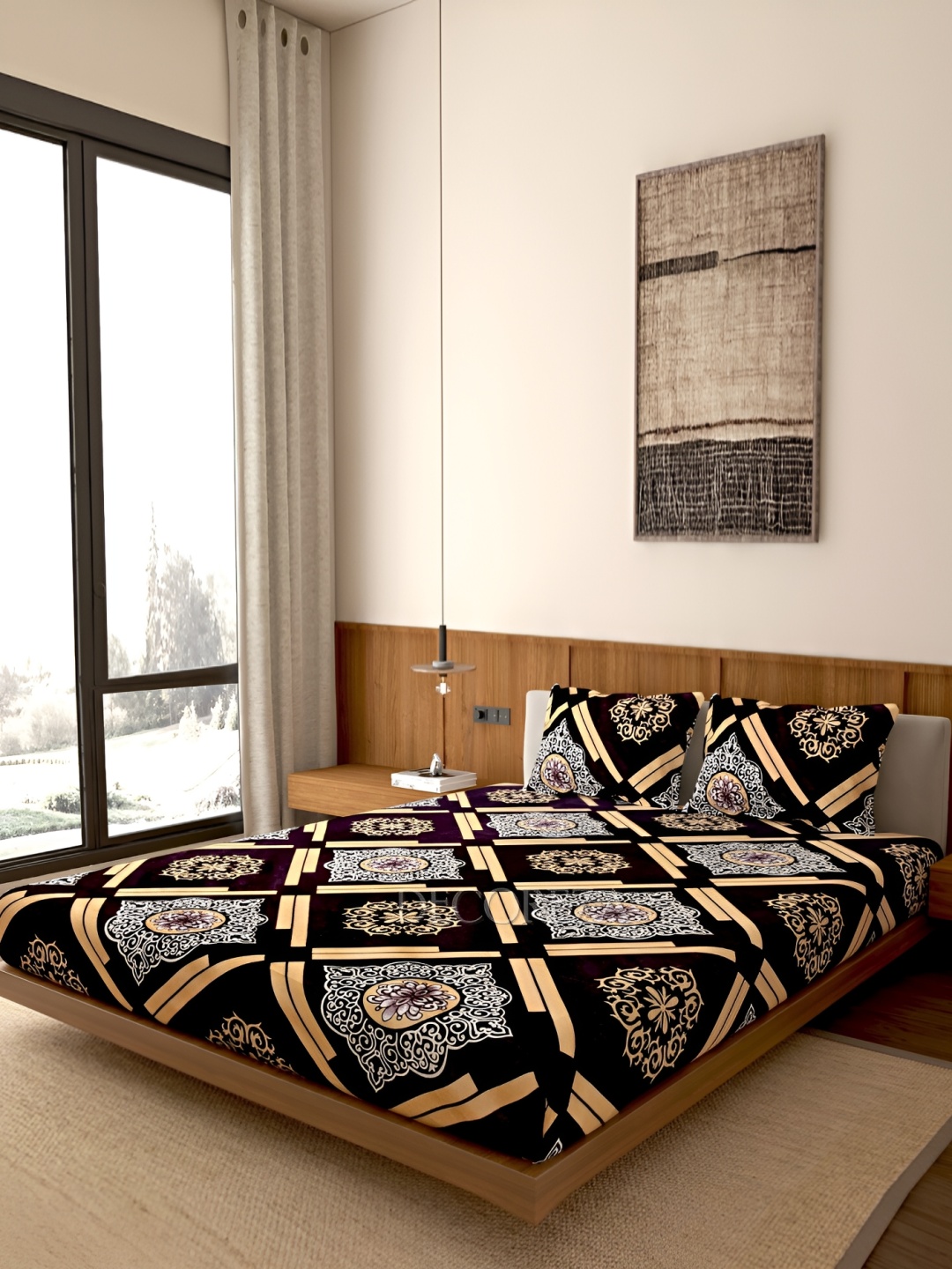 

DECOREZA Black & White Ethnic motif 260 TC Queen Bedsheet with 2 Pillow Covers