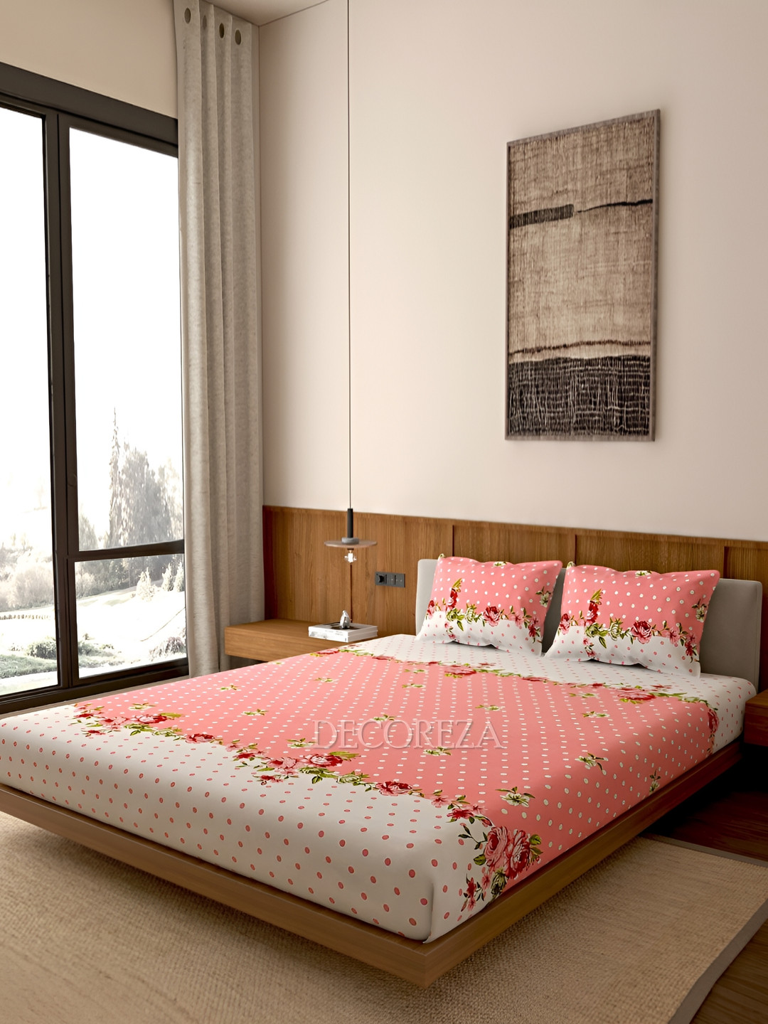 

DECOREZA White & Pink Floral 260 TC Queen Bedsheet with 2 Pillow Covers