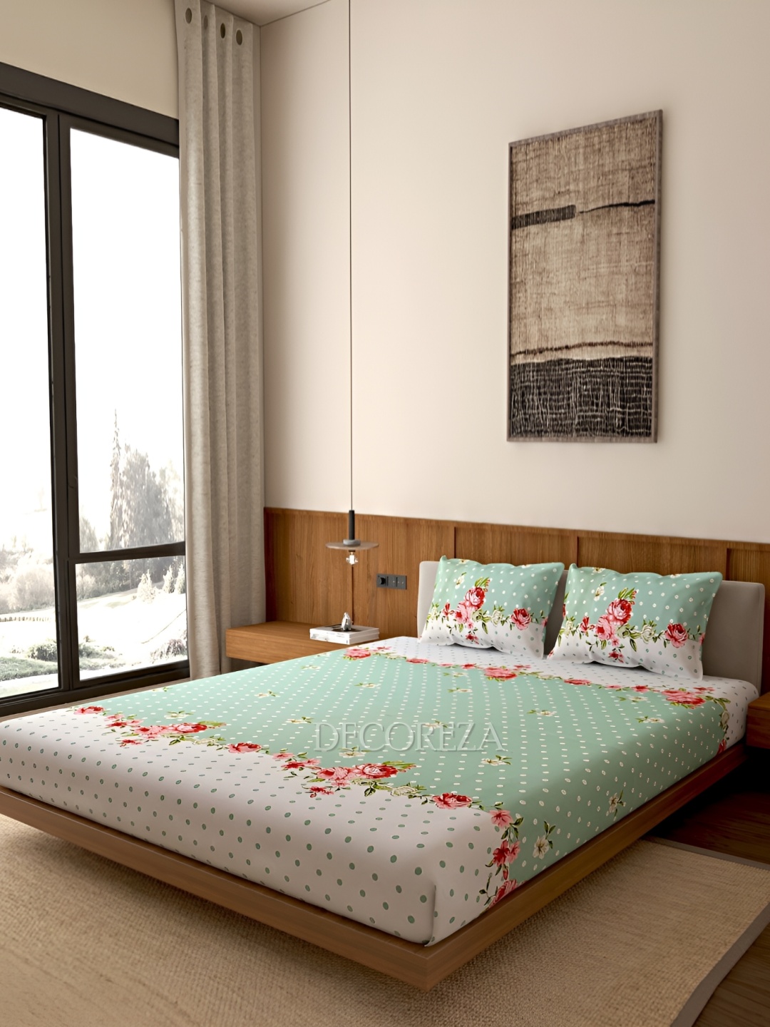 

DECOREZA White & Green Floral 260 TC Queen Bedsheet with 2 Pillow Covers