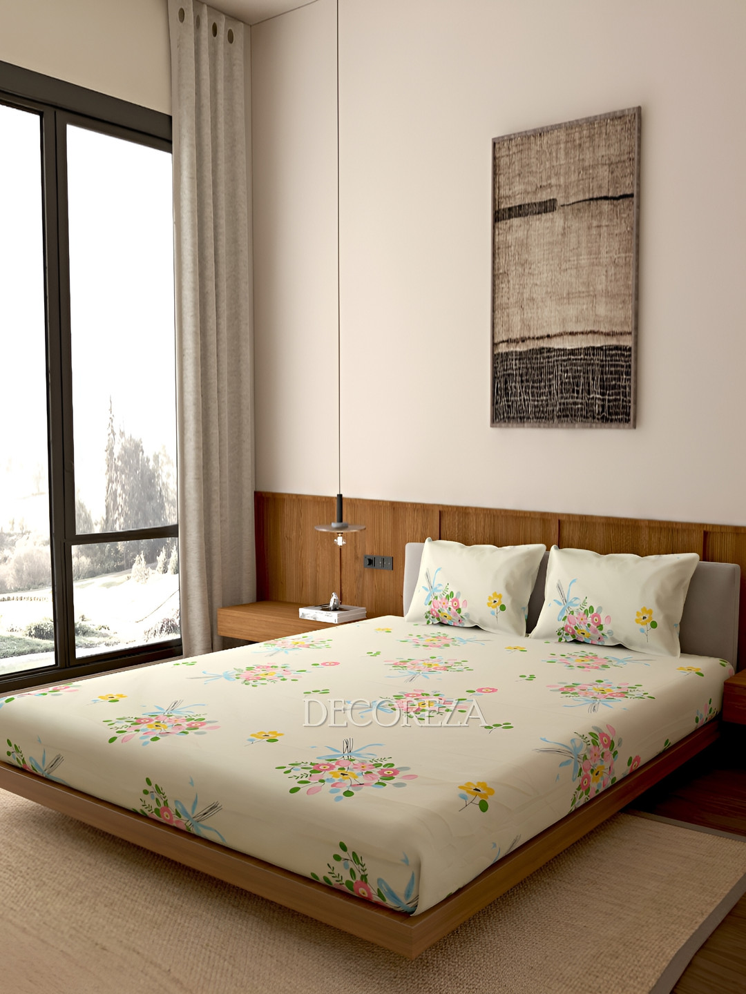 

DECOREZA Cream & Pink Floral 260 TC Queen Bedsheet with 2 Pillow Covers