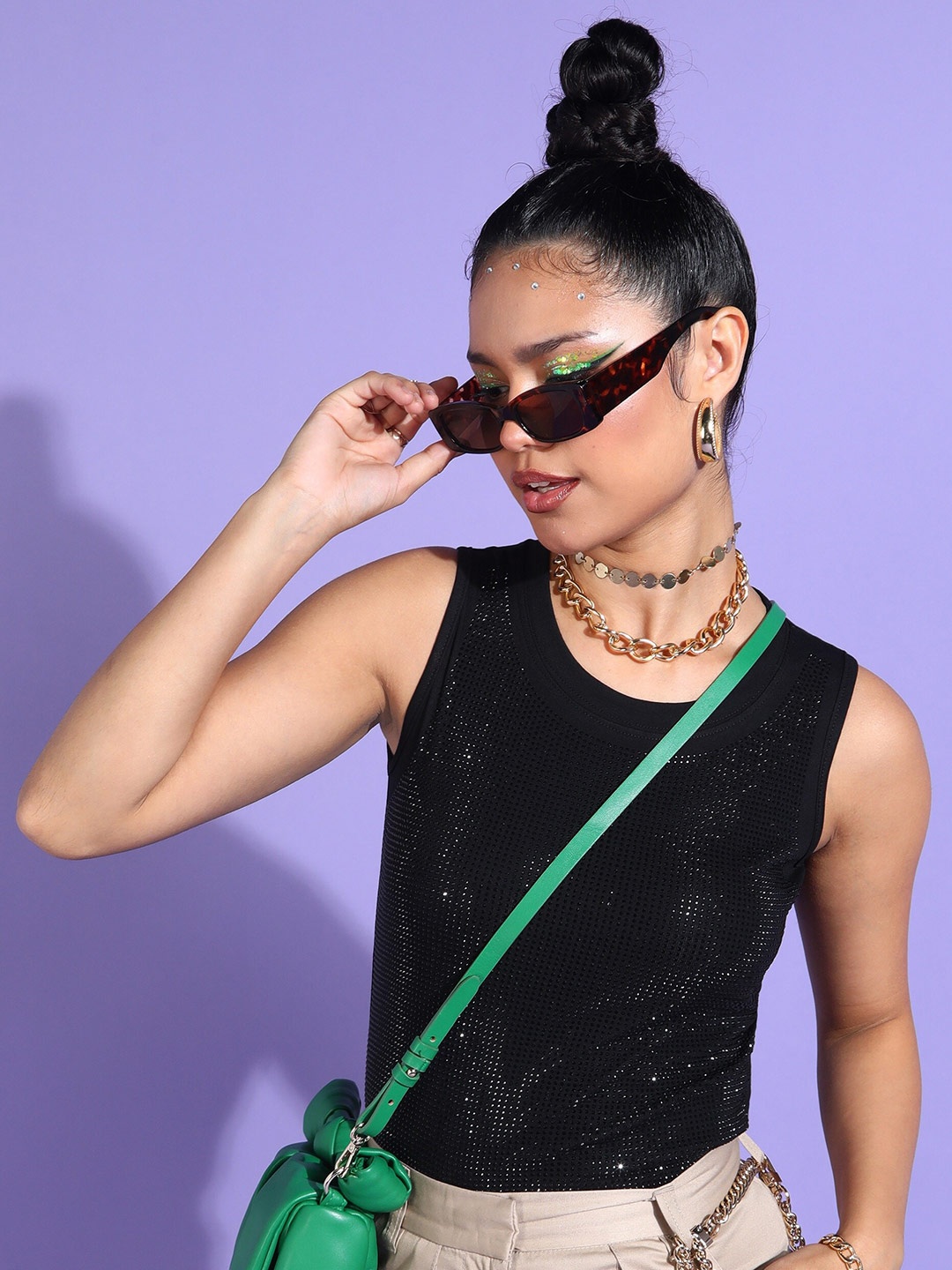 

SHECZZAR Embellished Cotton Tank Top, Black