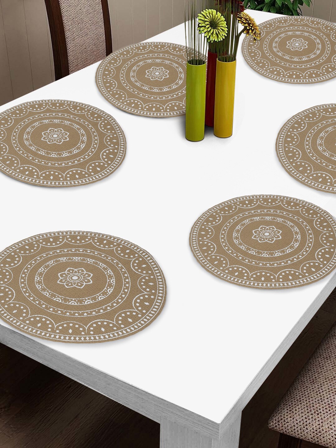 

FABINALIV 6 Pcs Beige & White Ethnic Motifs Printed Round Table Placemats