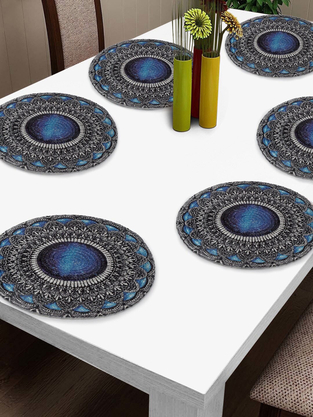 

FABINALIV 6 Pcs Blue & Grey Ethnic Motifs Printed Round Table Placemats