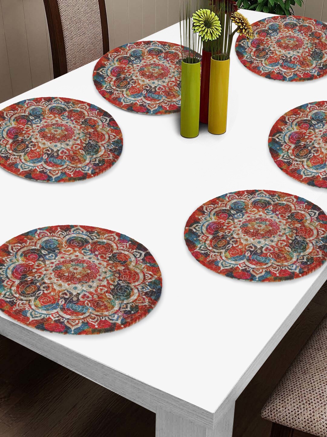 

FABINALIV 6 Pcs Red & Beige Ethnic Motifs Printed Round Table Placemats