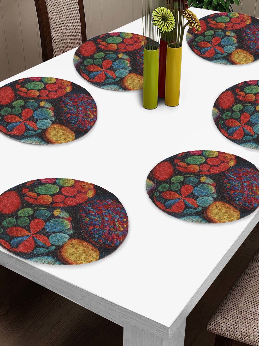

FABINALIV 6 Pcs Black & Red Printed Round Table Placemats