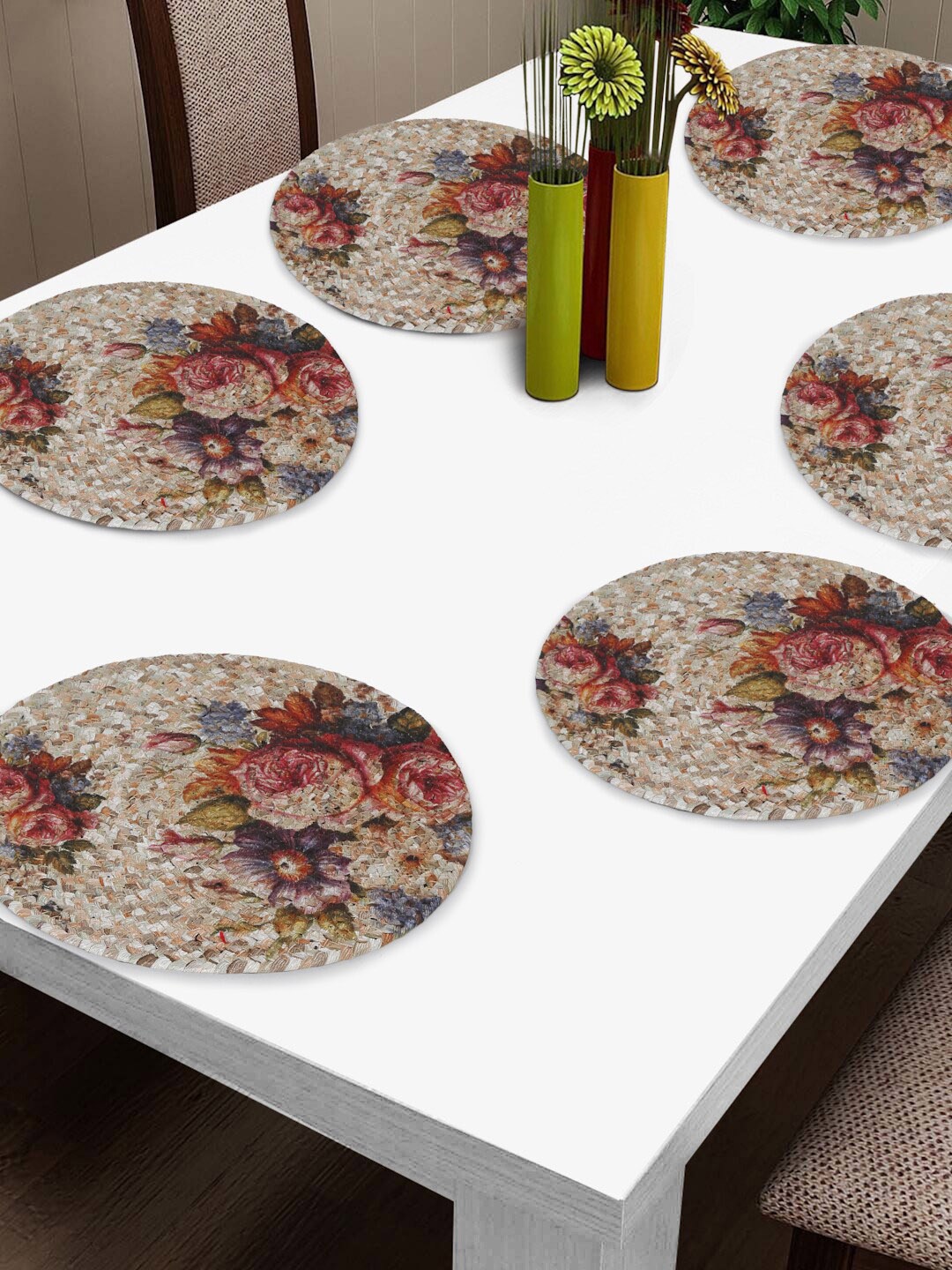 

FABINALIV 6 Pcs Beige & Pink Floral Printed Round Table Placemats