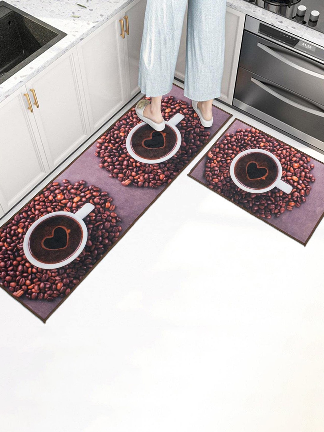 

HomeCloud Brown 2 Pcs Coffee Cup Love Printed Velvet Anti-fatigue & Anti-slip Kitchen Rug