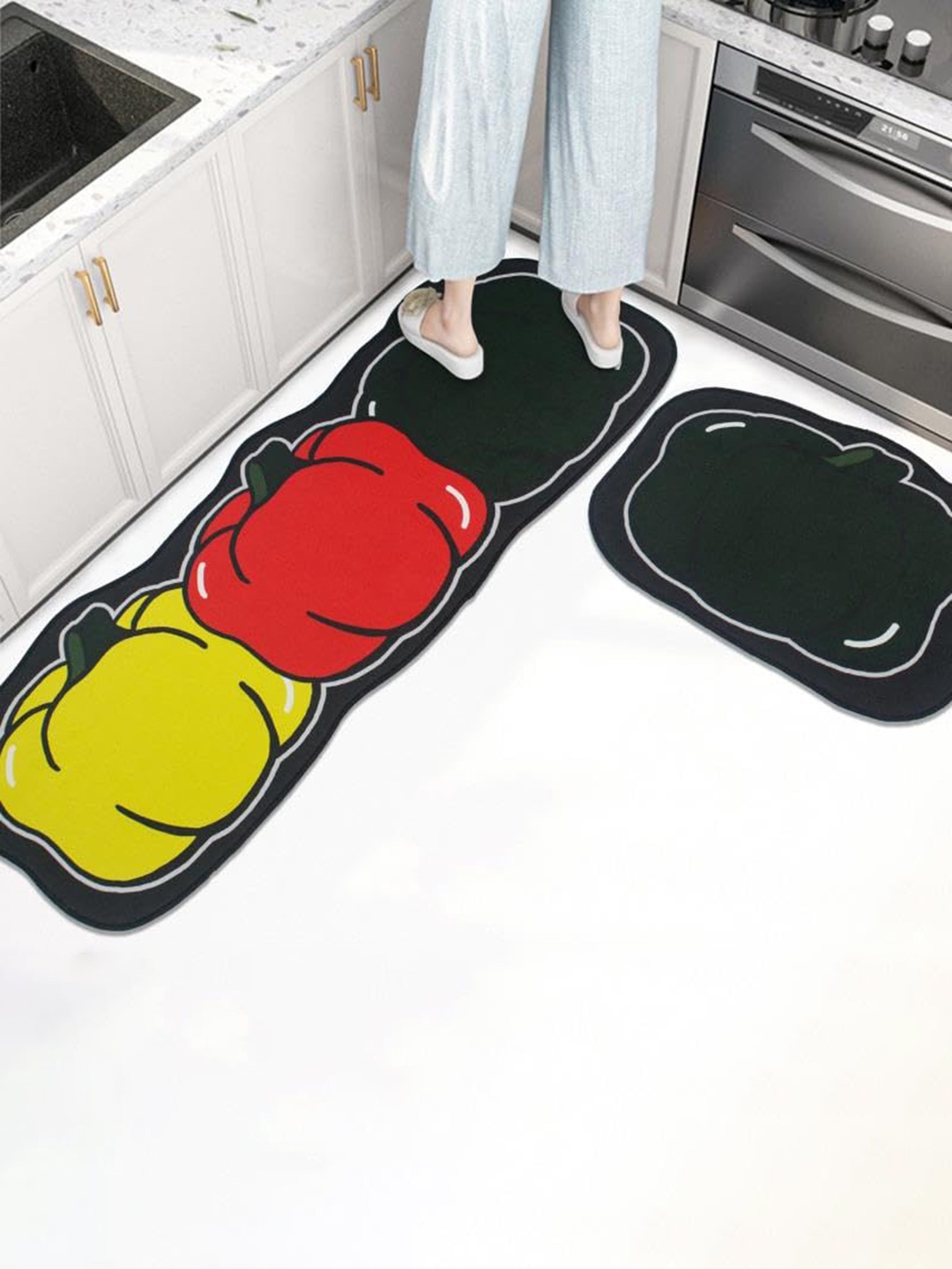 

HomeCloud 2-Pcs Black & Red Fruit Printed Velvet Anti-slip & Anti-fatigue Kitchen Mat