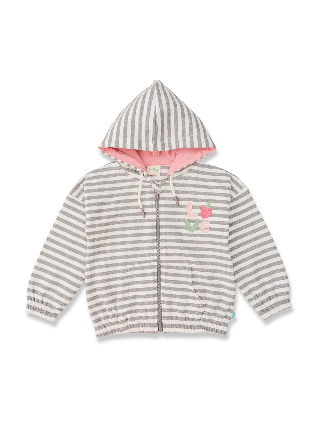 

JusCubs Girls Striped Hooded Cotton Front Open Sweatshirt, Grey
