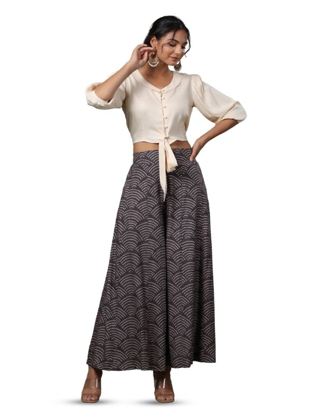 

Juniper Women Ethnic Motifs Printed Flared Ethnic Palazzos, Grey